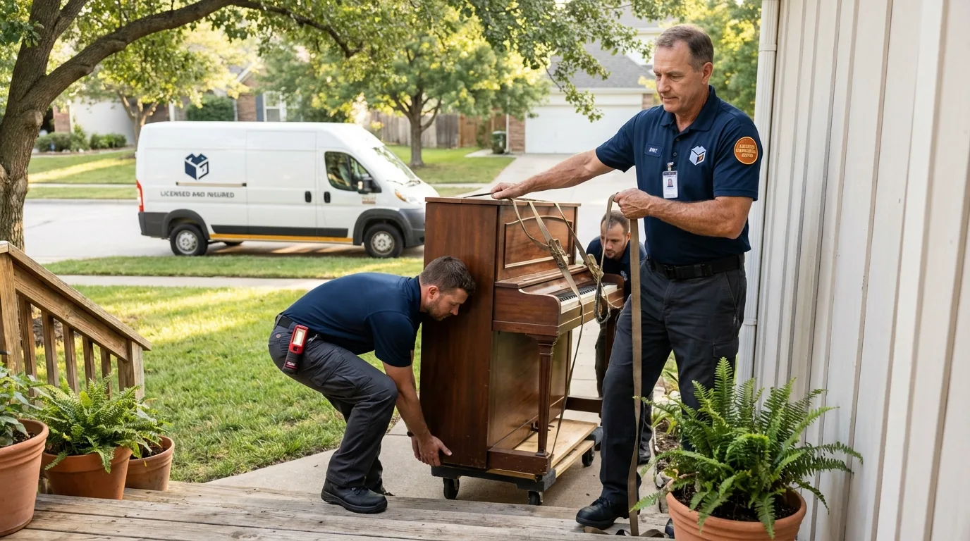 Licensed piano movers securing grand piano in Sayreville, NJ