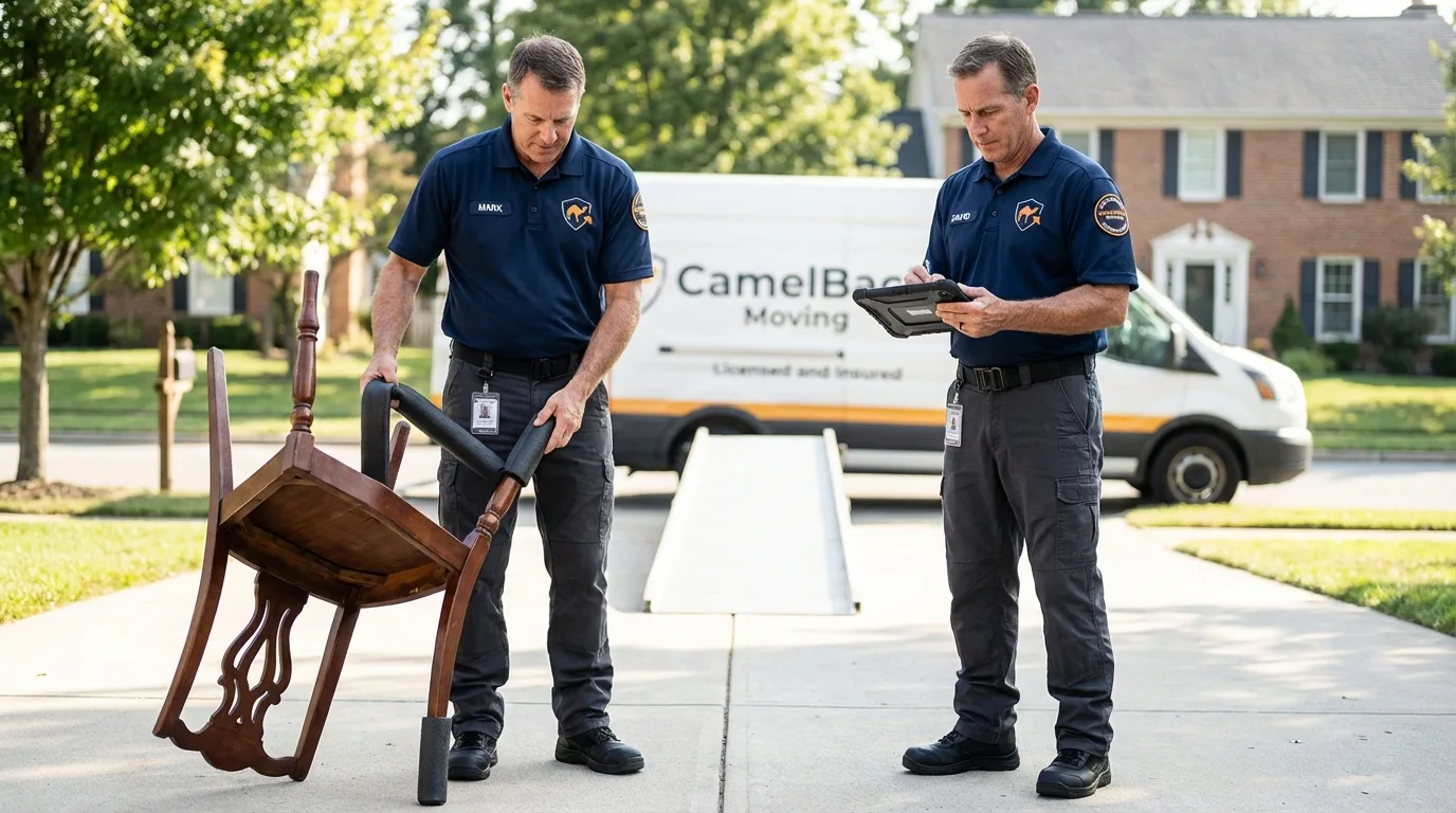 Movers inspecting furniture for damage prevention before loading in Sayreville, NJ