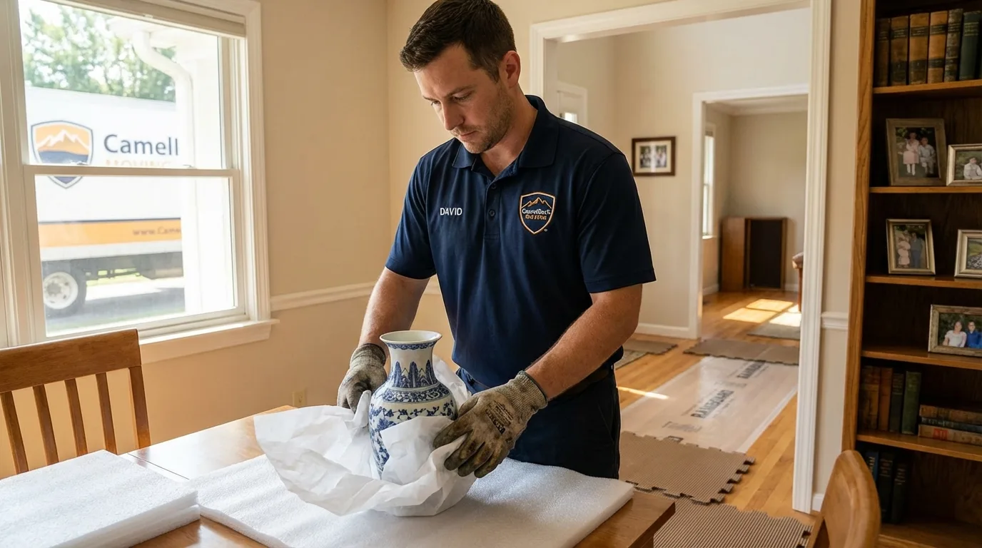 Professional crew carefully wrapping antique vase for senior downsizing move in Sayreville, NJ